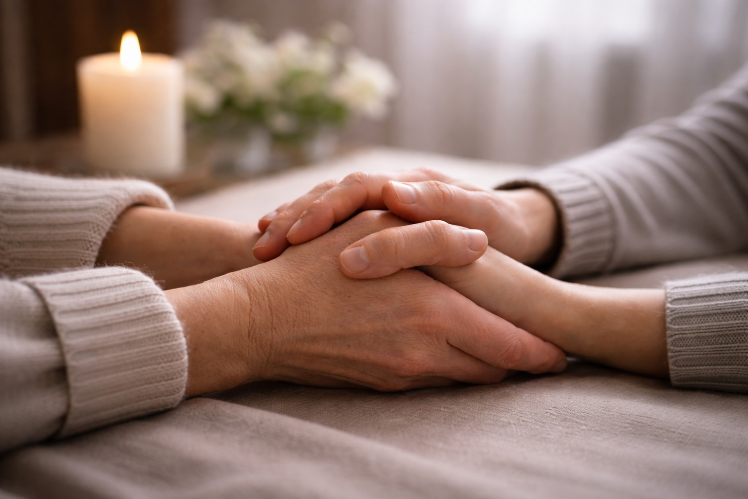 Manos entrelazadas simbolizando apoyo en el duelo